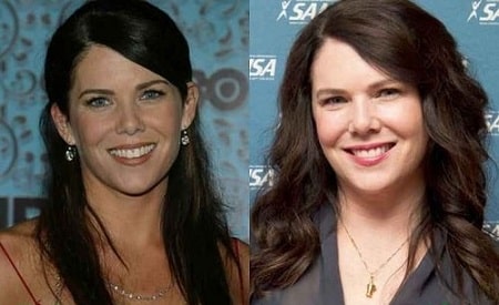 A before and after picture of Lauren Graham showing her changing face.